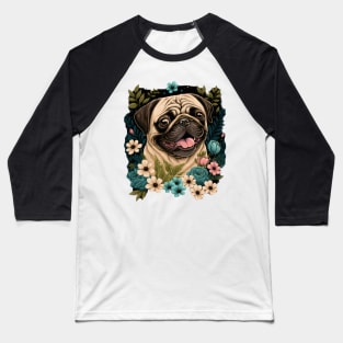 Happy Pug and Flowers Dog Illustration Baseball T-Shirt